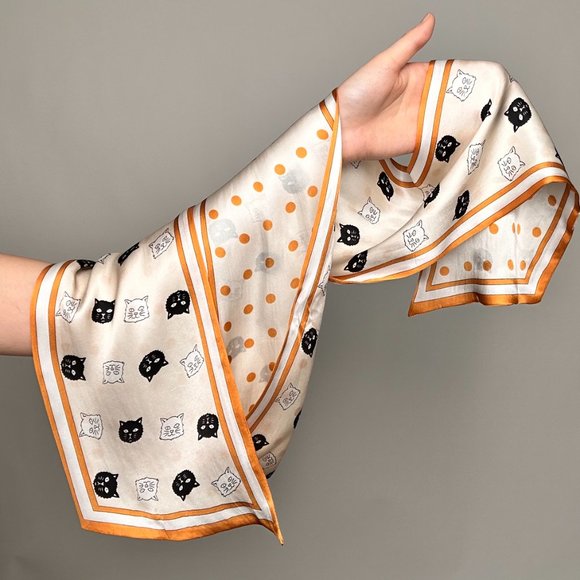 Cats & Polka Dots Orange & White Double-Layer Pure Silk Skinny Scarf - Picture 3 of 6
